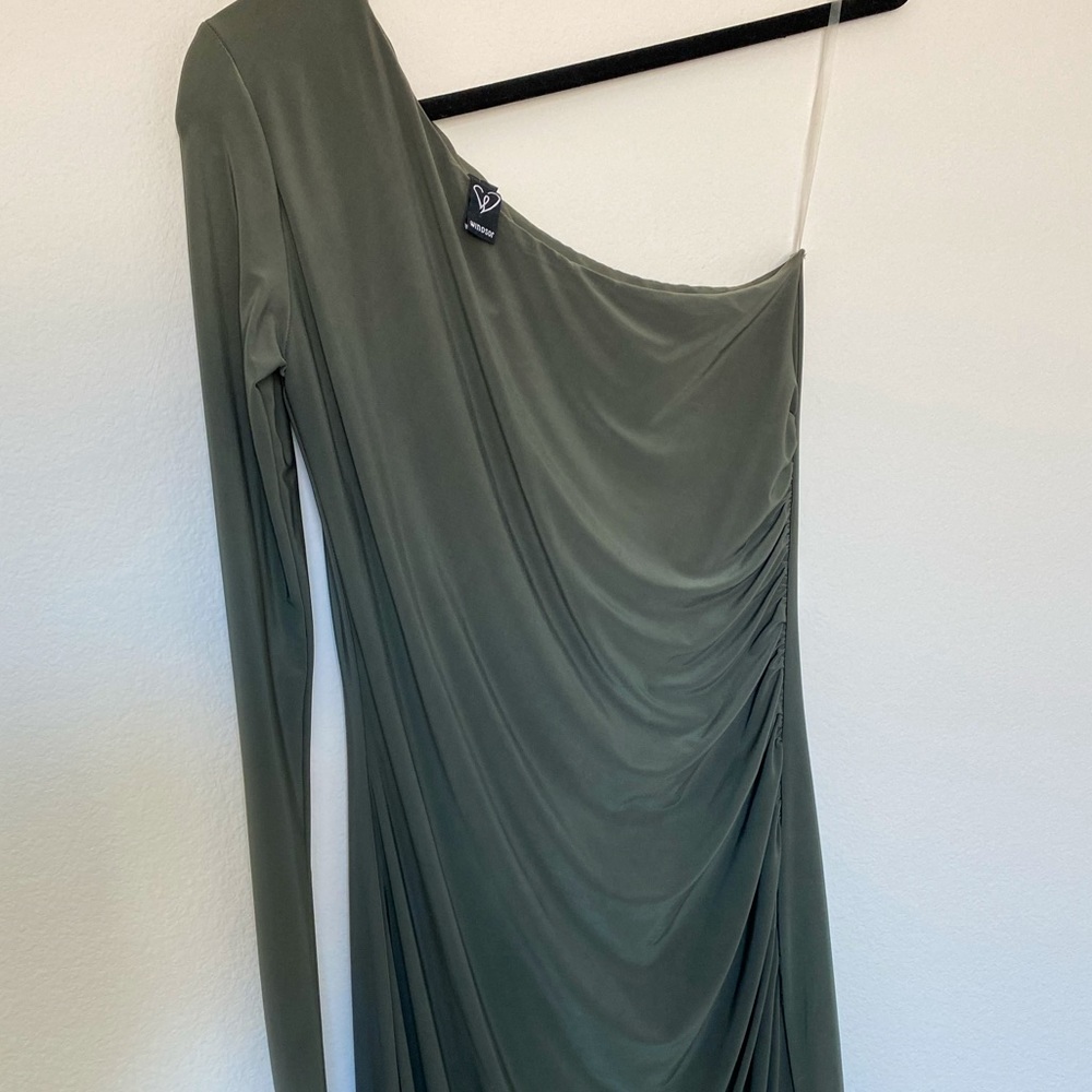 Windsor One-Shoulder Asymmetrical Olive Green Mini Dress - Picture 3 of 4